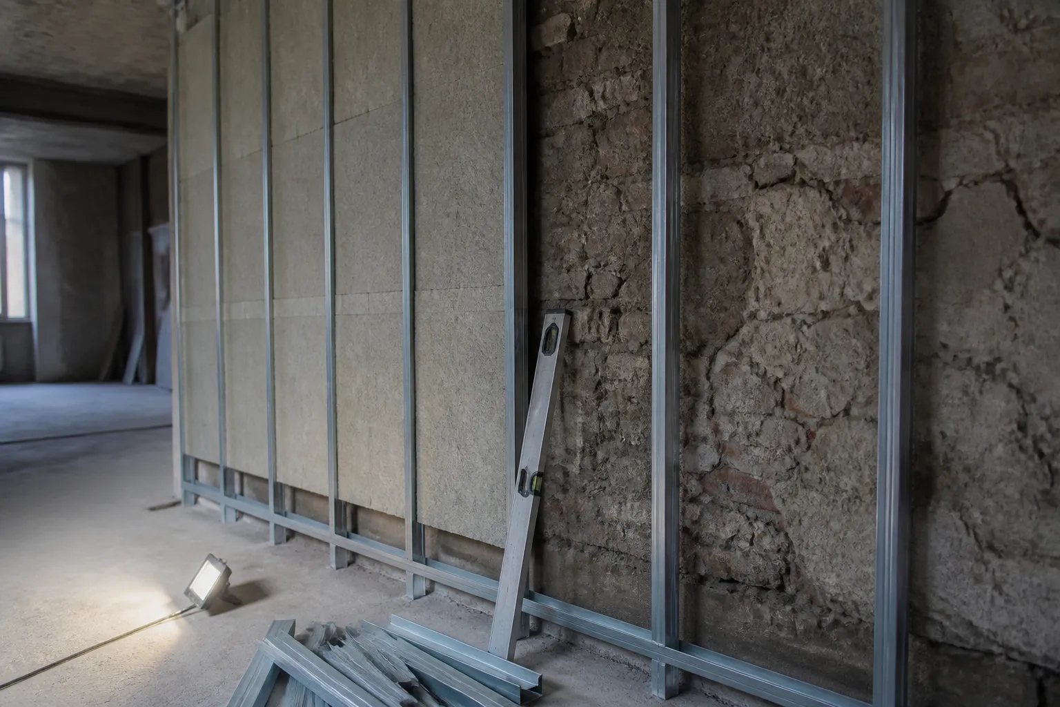 Doublage intérieur en cours de pose sur un mur ancien, ossature montée, lame d’air visible en partie basse et panneaux posés sur une moitié seulement