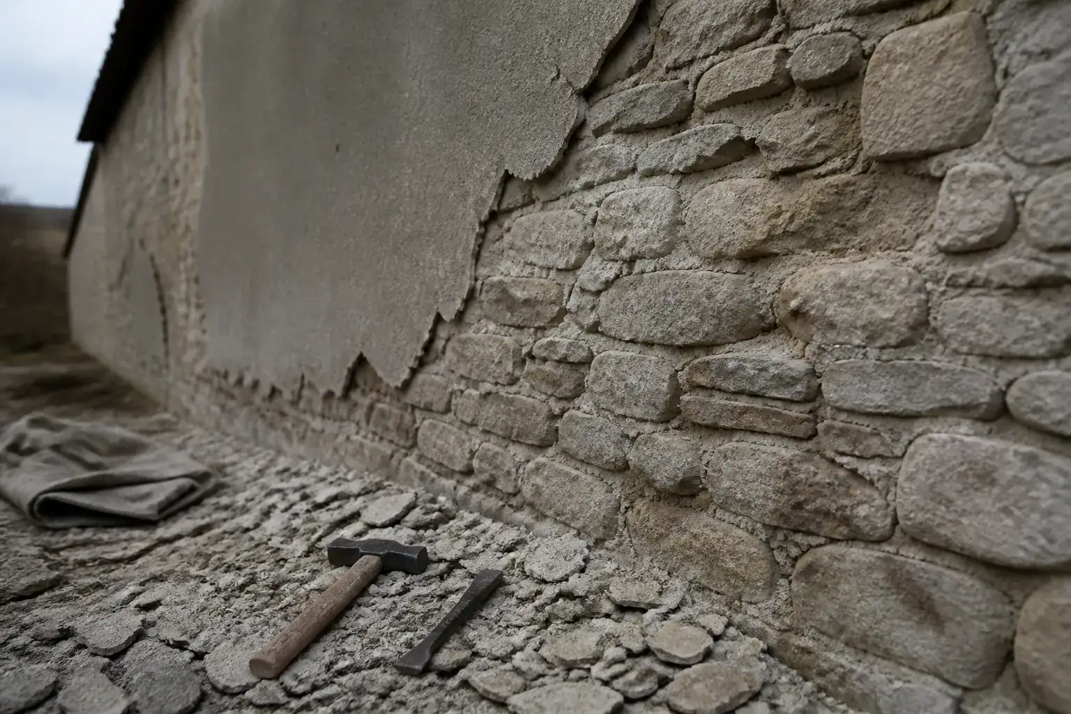 Enduit ciment piqué sur une maçonnerie ancienne, plages déposées laissant réapparaître moellons et joints, outil posé au pied du mur