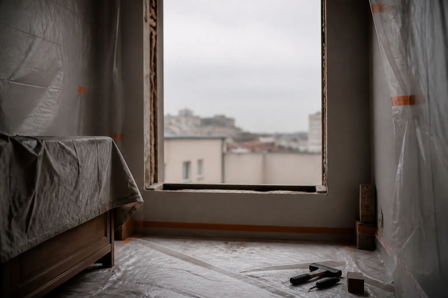 Fenêtre déposée dans un logement occupé, tableau de baie nu, protection au sol et pièce meublée sobrement en arrière-plan