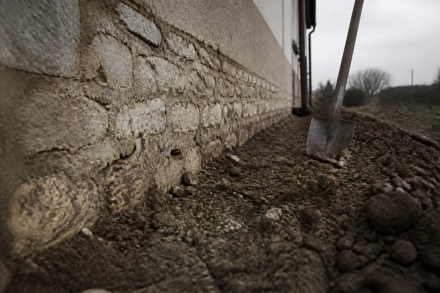 Pied de mur d’une maison ancienne dégagé sur quelques mètres, terre ouverte le long du soubassement et ligne où la maçonnerie entre dans le sol, vue appareil posé au sol