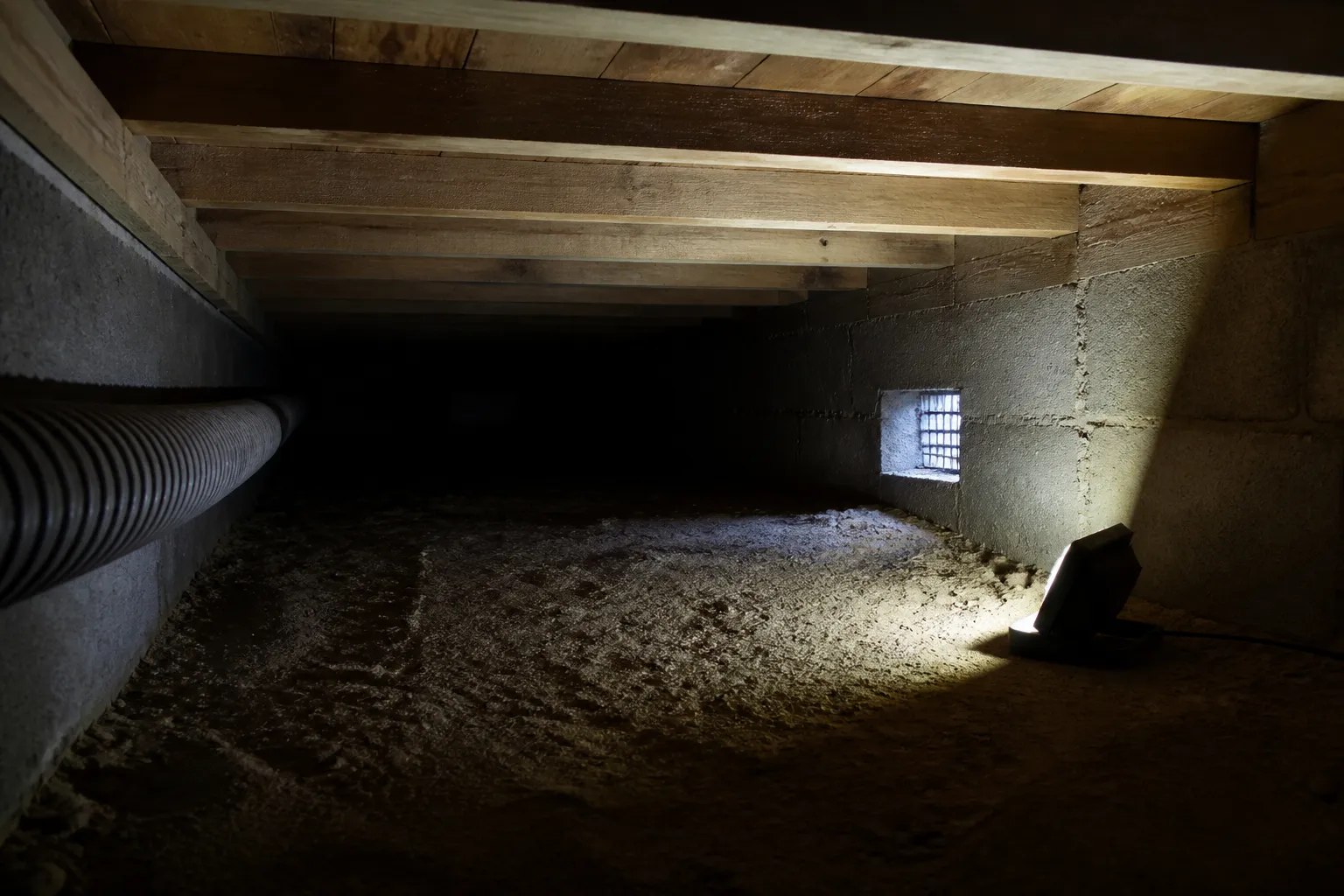 Vide sanitaire vu par en dessous, sous-face du plancher bas, entrée d’air basse grillagée et lampe de chantier posée au sol
