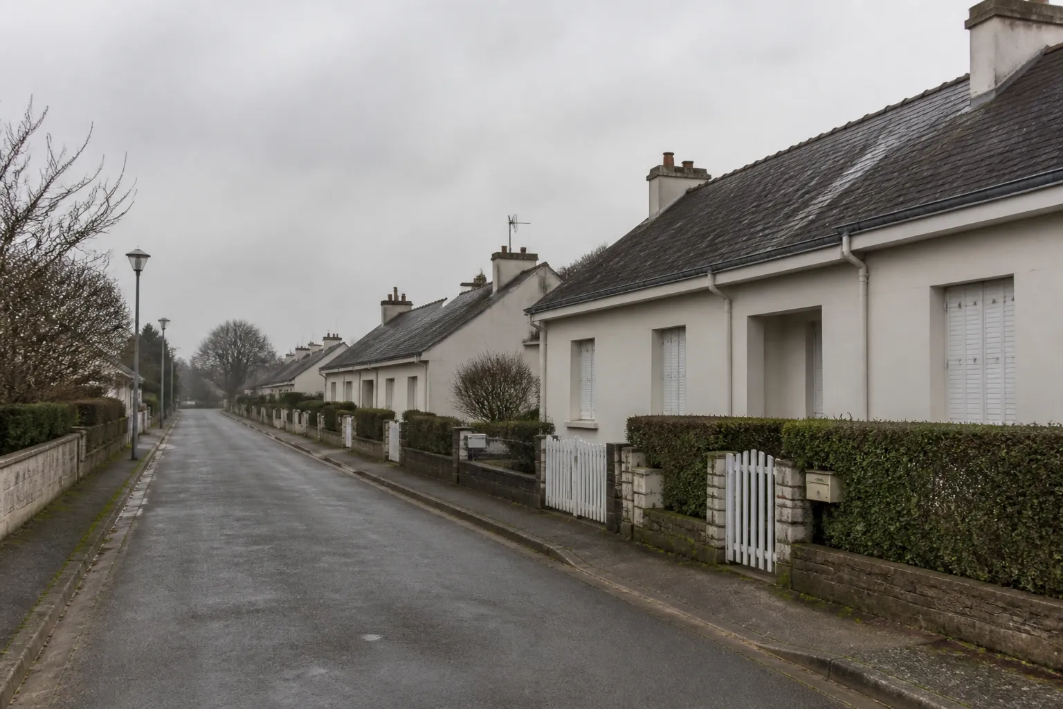 Rue de maisons basses aux volets clos, allées sans voiture, haies taillées et lumière d’hiver
