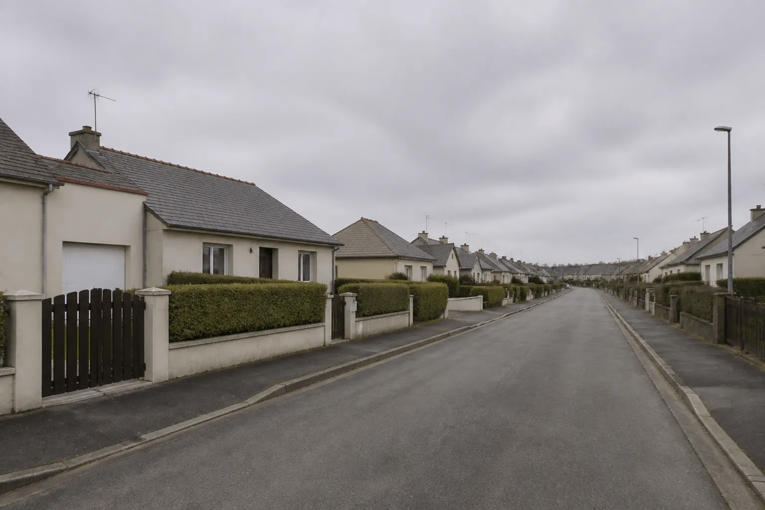 Rue de lotissement, maisons individuelles à un étage, enduits clairs, garages accolés et horizon plat