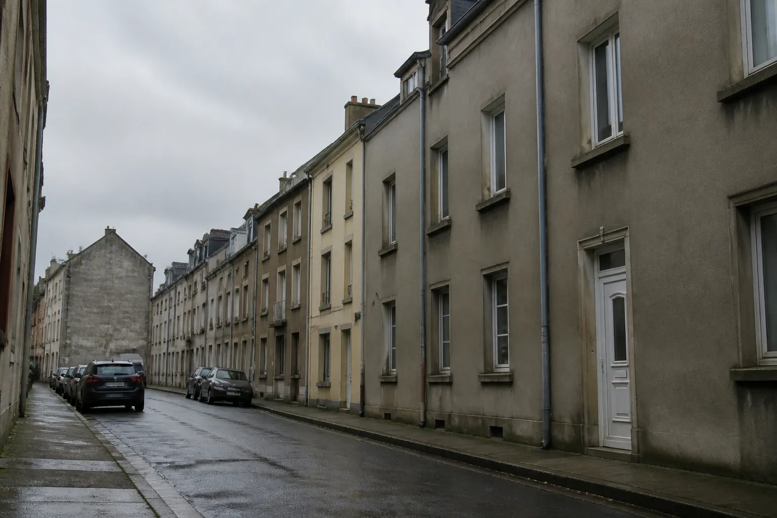 Rue de ville dense, immeubles mitoyens de trois à quatre niveaux aux enduits sourds, toitures d’ardoise et pignon d’ancien bâtiment industriel en fond